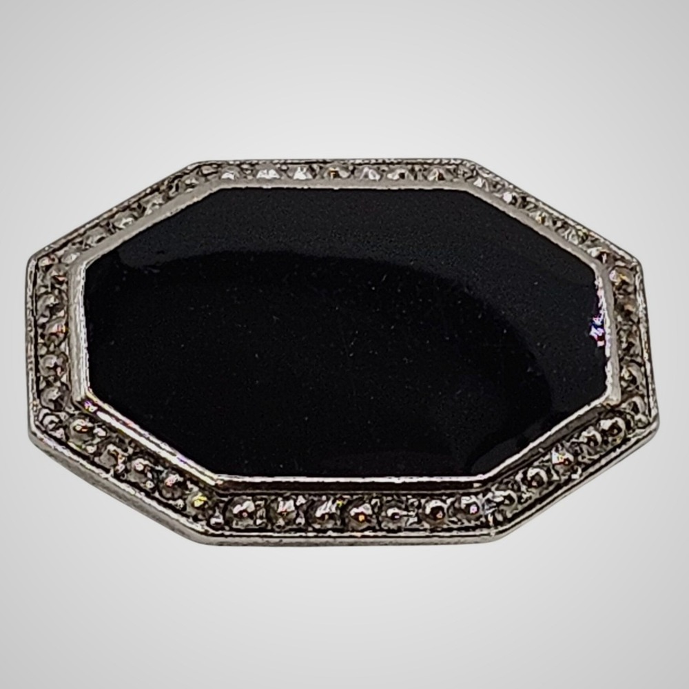 Vintage‎ Black Silver Tone Brooch Pin Marcasite Accents Art Deco Style Geometric